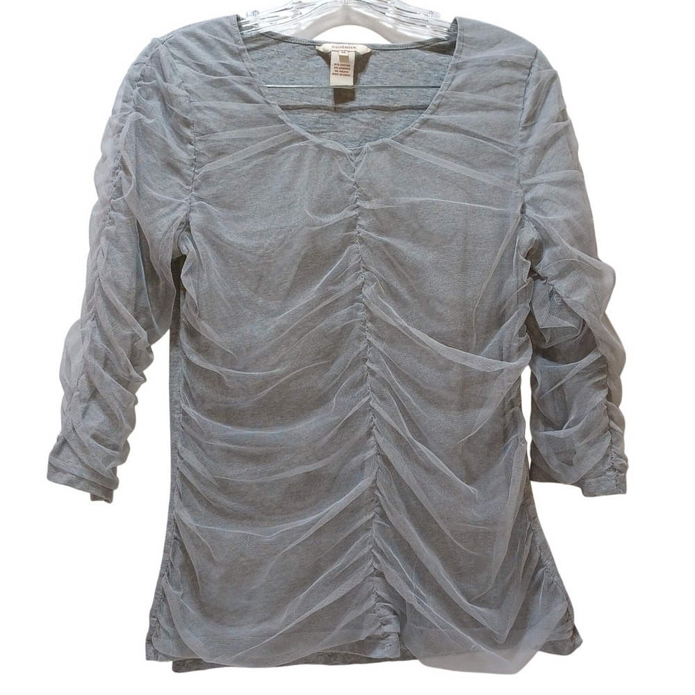 Sundance Womens Mesh Overlay Top M‎ Gray Ruched Romantic Boho 3/4 Sleeve